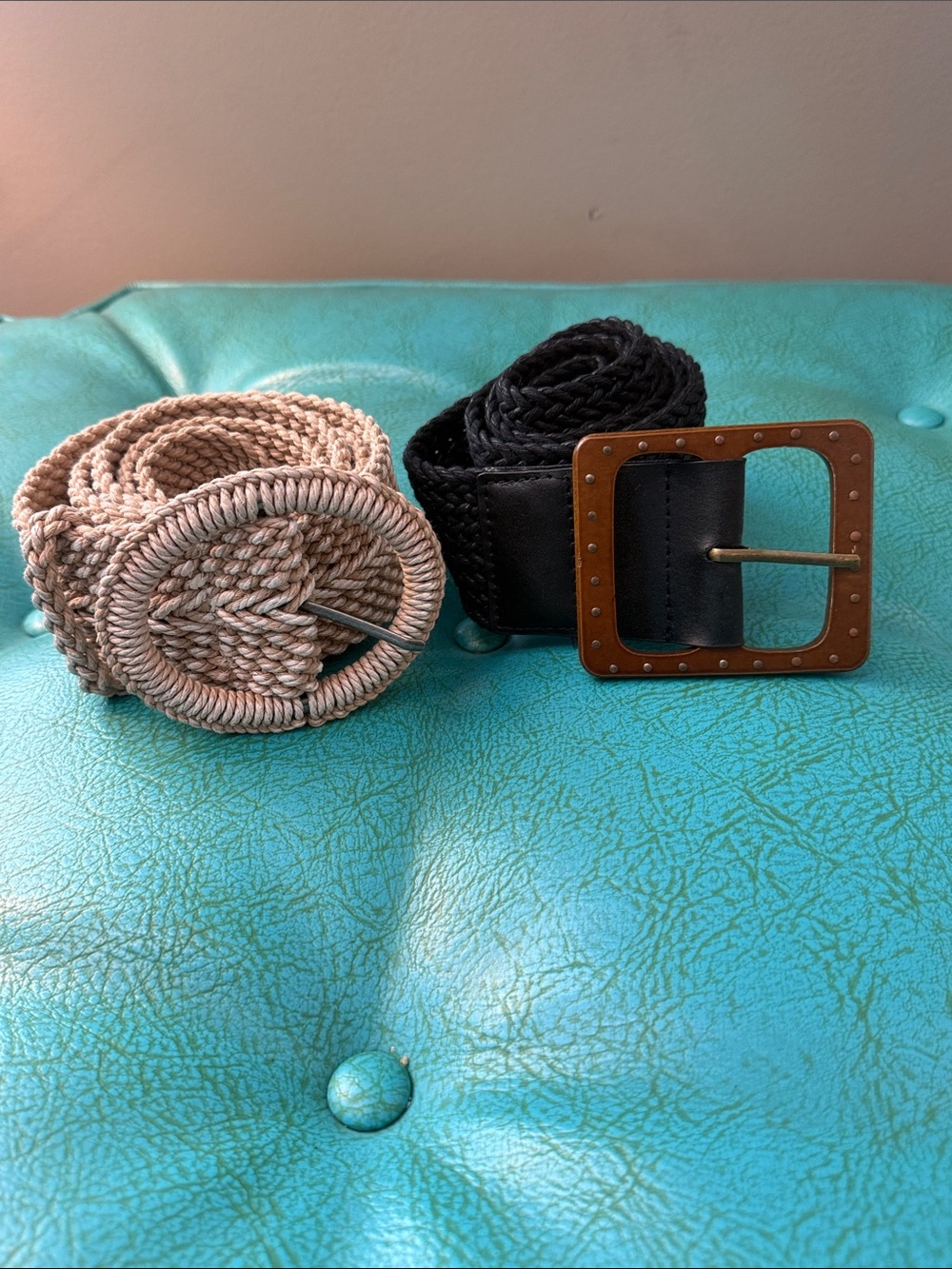 Set of two woven wide statement belts black and natural M/L boho cinching - Picture 2 of 11